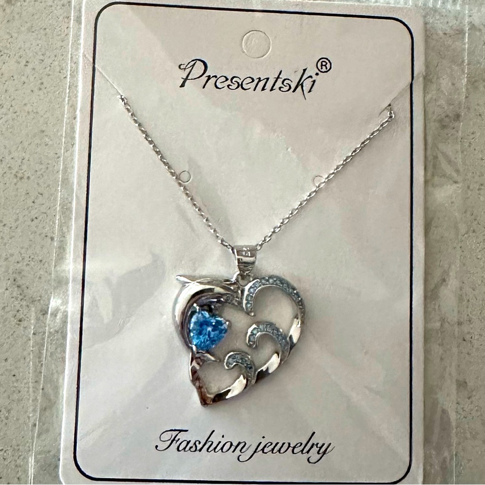 Dolphin Heart Blue Gem Necklace